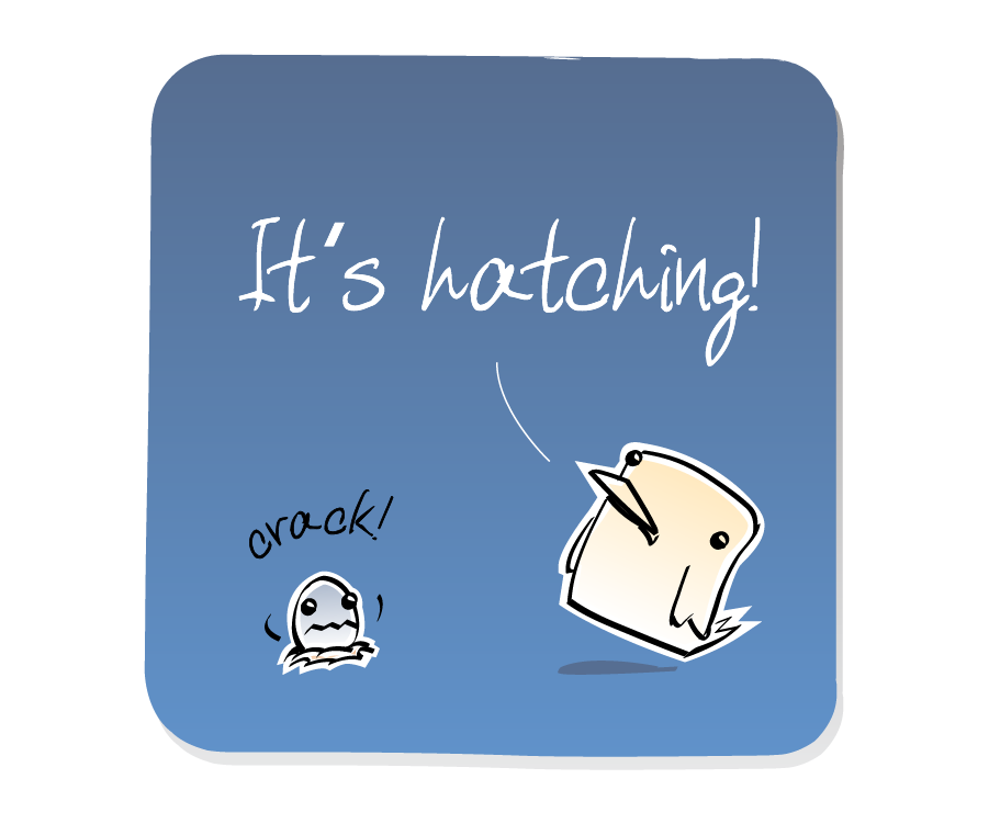 Panel 1: Bird jumps in excitement as a small Egg in a nest cracks its shell. Sound effects: crack!. Bird says: "It's hatching!"