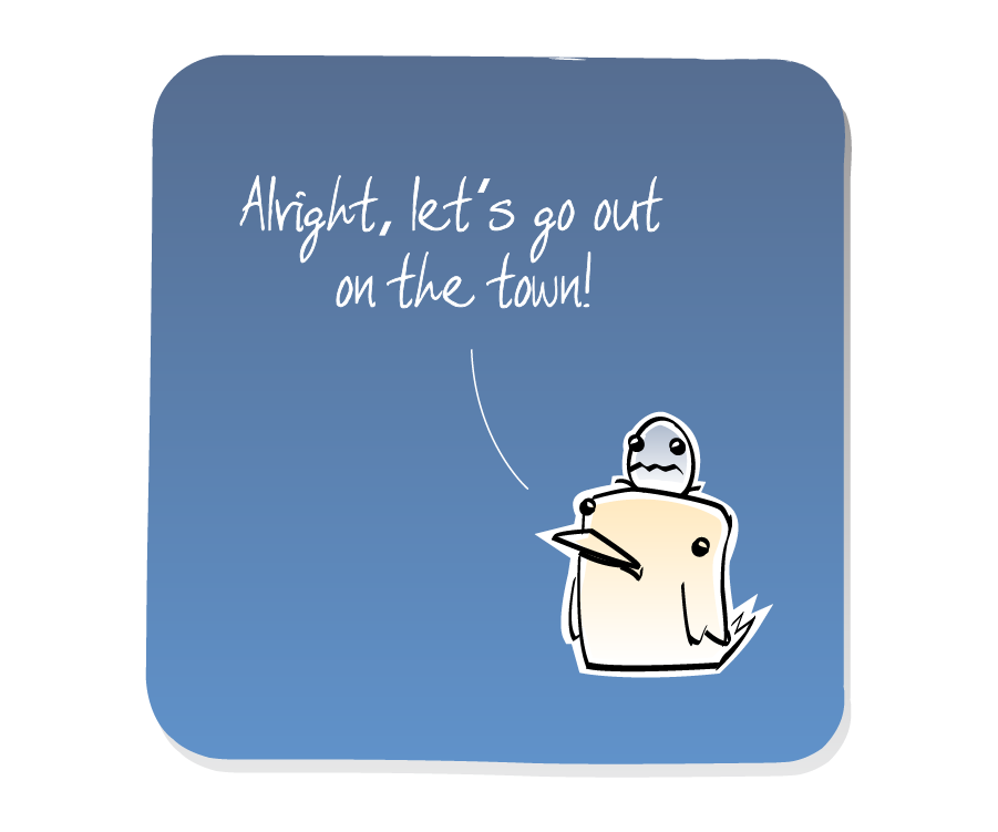 Panel 1: Egg sits on top of Bird's head. Egg says: "Alright, let's go out on the town!"