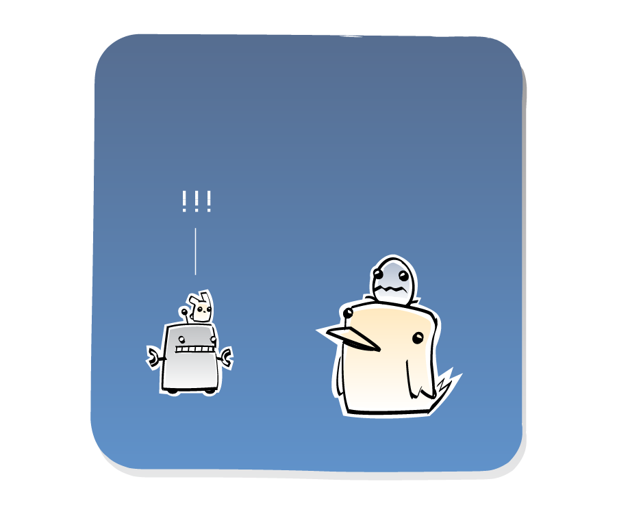 Panel 2: In the distance, Robot stands with an Eep on his head, looking at Bird, who has an Egg on his head. Eeps says: "!!!"