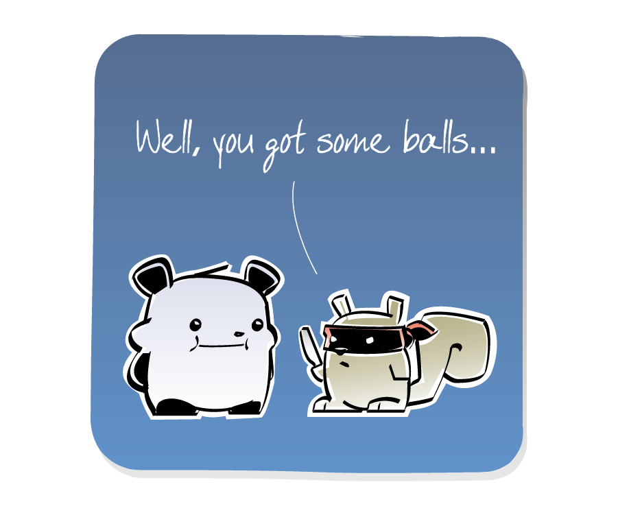 Panel 3: Panda stands with stuffed cheeks while Squirrel, wearing a bandit mask, continues pointing the knife at him. Squirrel says: "Well, you got some balls..."