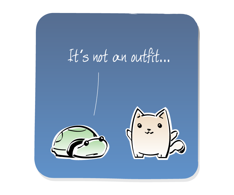 Panel 2: Turtle looks up and responds to Cat. Turtle says: "It's not an outfit..."
