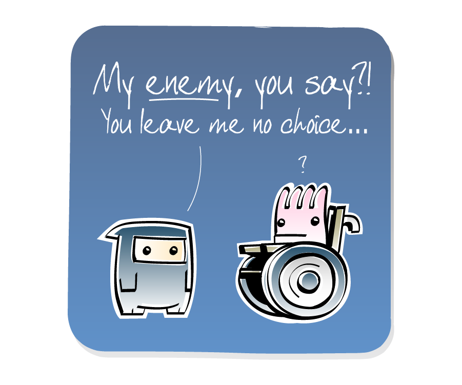 Panel 3: Ninja threatens Sea Anemone, who sits in a wheelchair. Ninja says: "My enemy, you say?! You leave me no choice..."