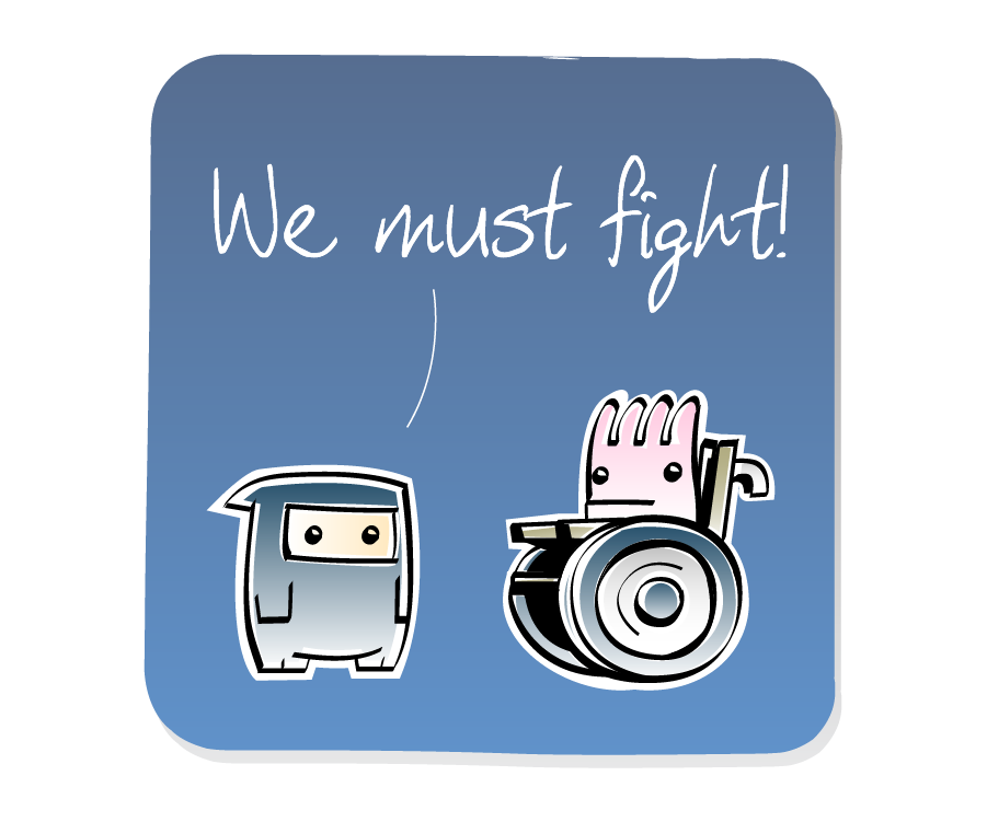 Panel 1: Ninja challenges Sea Anemone, who is sitting in a wheelchair. Ninja says: "We must fight!"