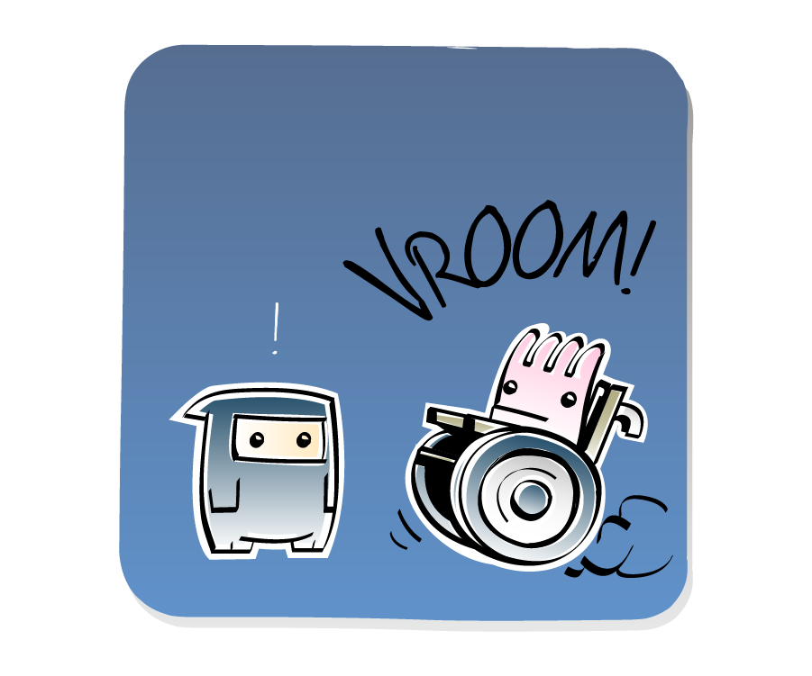Panel 2: Sea Anemone speeds forward in the wheelchair toward Ninja. Sound effects: VROOM!. Ninja says: "!"