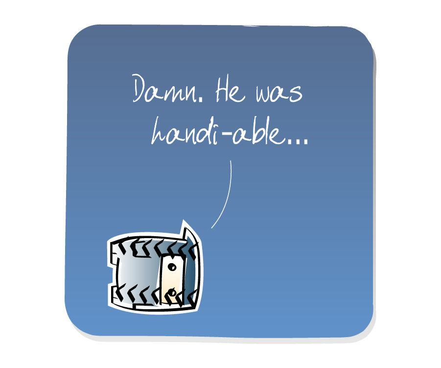Panel 3: Ninja lies on the ground covered in tire tracks. Ninja says: "Damn. He was handi-able..."
