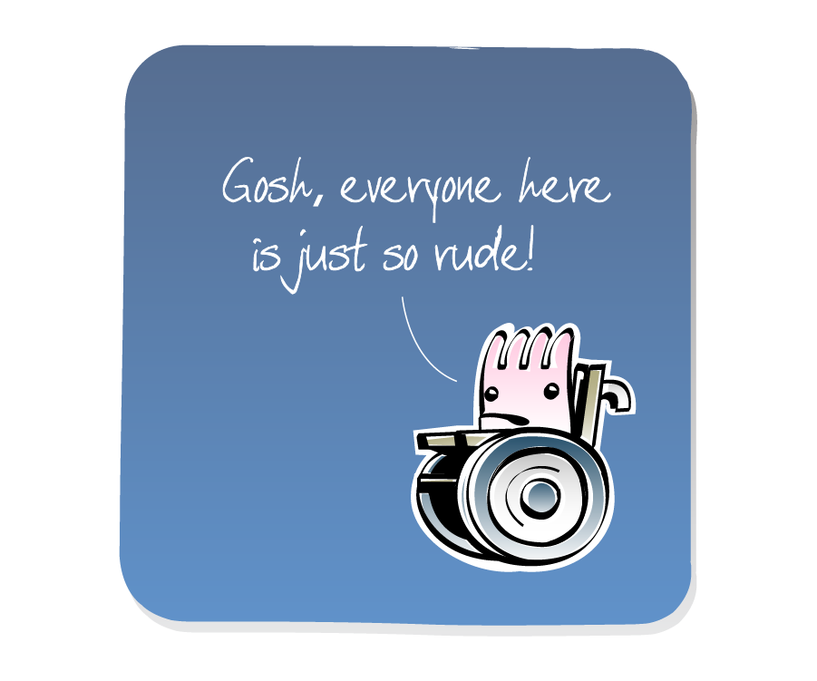 Panel 1: Sea Anemone sits frowning in a wheelchair. Sea Anemone says: "Gosh, everyone here is just so rude!"