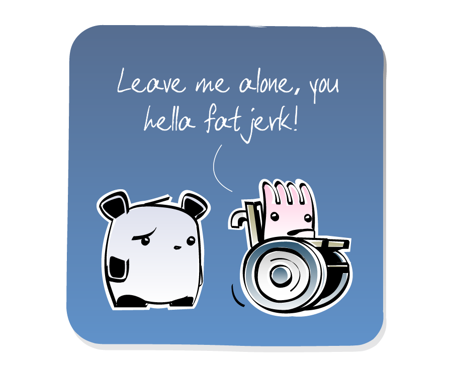 Panel 3: Sea Anemone rolls away in the wheelchair as Panda looks disheartened. Sea Anemone says: "Leave me alone, you hella fat jerk!"