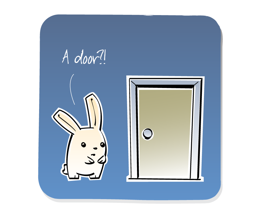 Panel 1: Bunny stands next to a closed door. Bunny says: "A door?!"