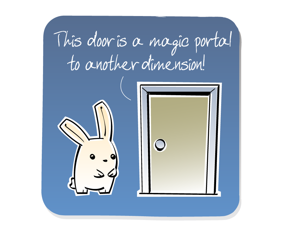 Panel 1: Bunny stands beside a closed door, listening to a voice from the other side. Voice behind door says: "This door is a magic portal to another dimension!"