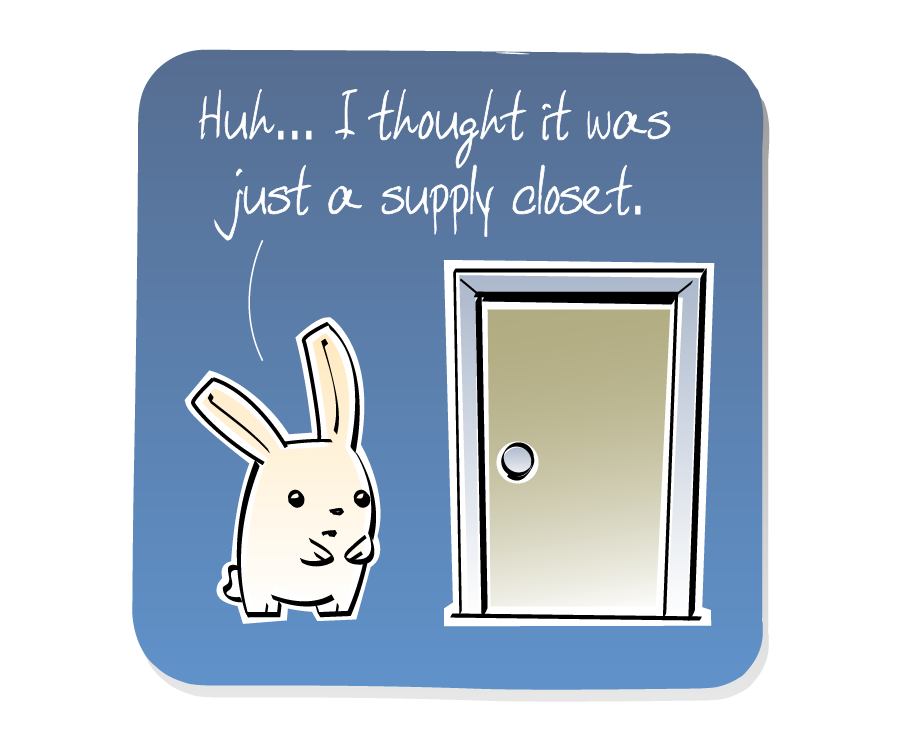 Panel 2: Bunny looks at the closed door while speaking. Bunny says: "Huh... I thought it was just a supply closet."