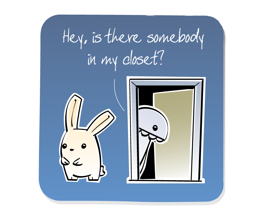 Panel 2: Monster peeks out from the open closet door while Bunny walks away. Monster says: "Hey, is there somebody in my closet?"