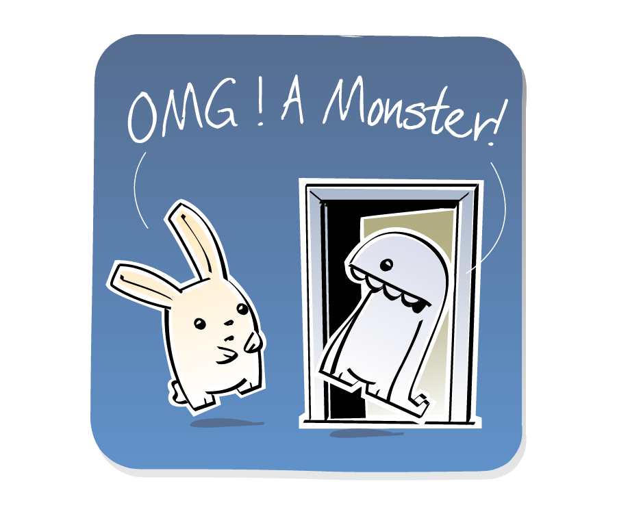 Panel 3: Bunny and Monster both jump in surprise in front of the open closet door. Bunny says: "OMG! A Monster!" Monster says: "OMG! A Monster!"