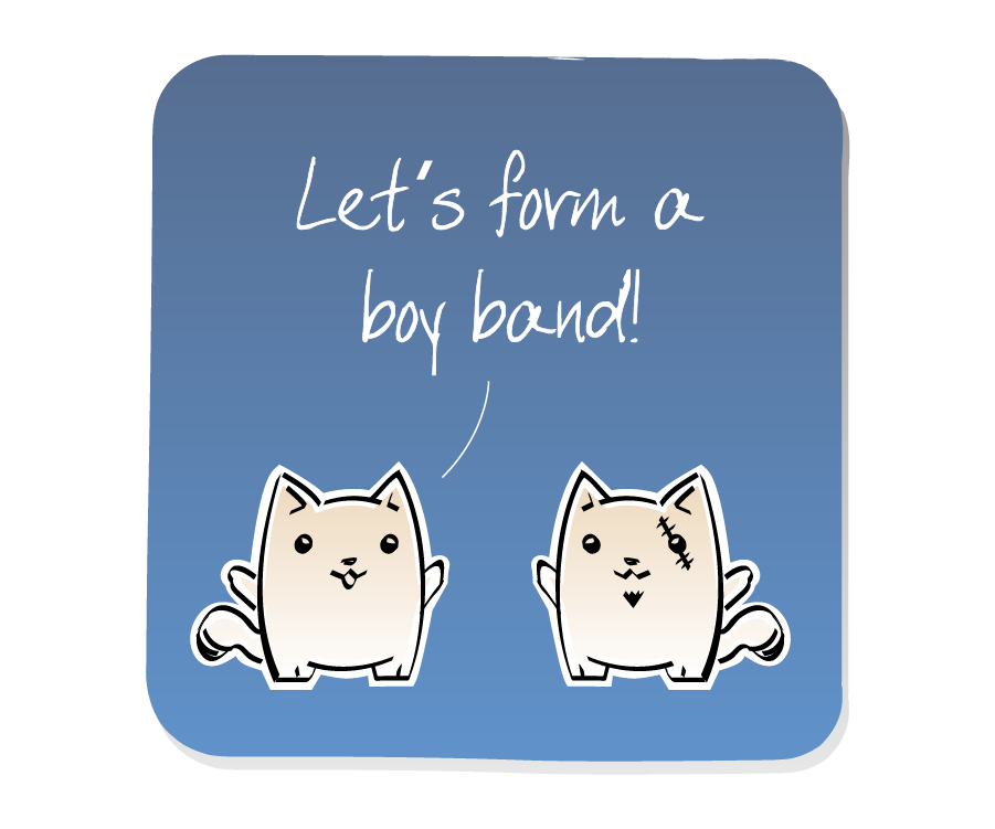 Panel 2: Cat responds to Evil Cat, who has a scar and goatee. Cat says: "Let's form a boy band!"