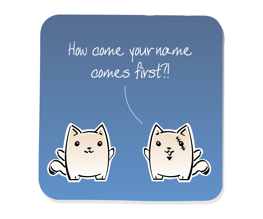 Panel 3: Evil Cat, who has a scar and goateee, responds to Cat. Evil Cat says: "How come your name comes first?!"