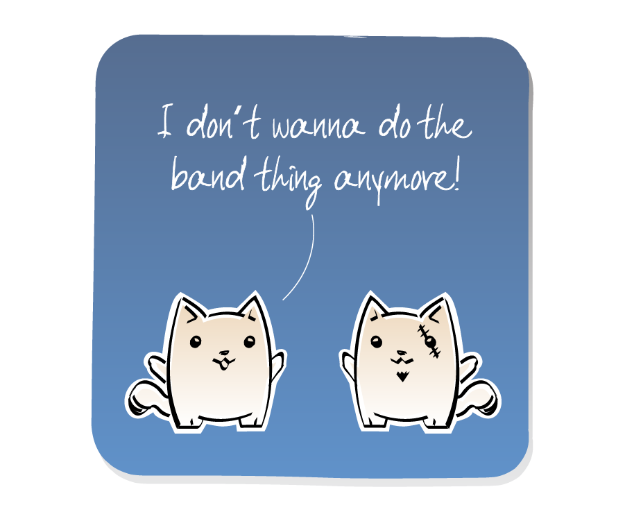 Panel 1: Cat talks to Evil Cat, who has a scar and goatee. Cat says: "I don't wanna do the band thing anymore!"