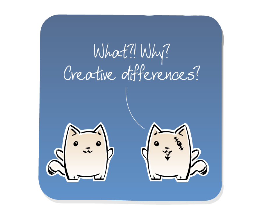 Panel 2: Evil Cat, who has a scar and goateee, responds to Cat. Evil Cat says: "What?! Why? Creative differences?"