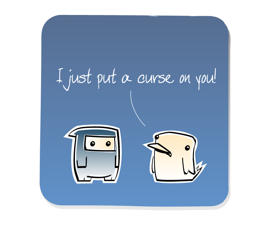 Panel 2: Bird speaks to Ninja. Bird says: "I just put a curse on you!"