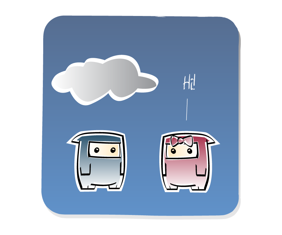 Panel 2: Ninja Girl speaks to Ninja, who is standing under a small strom CLoud. Ninja Girl says: "Hi!"