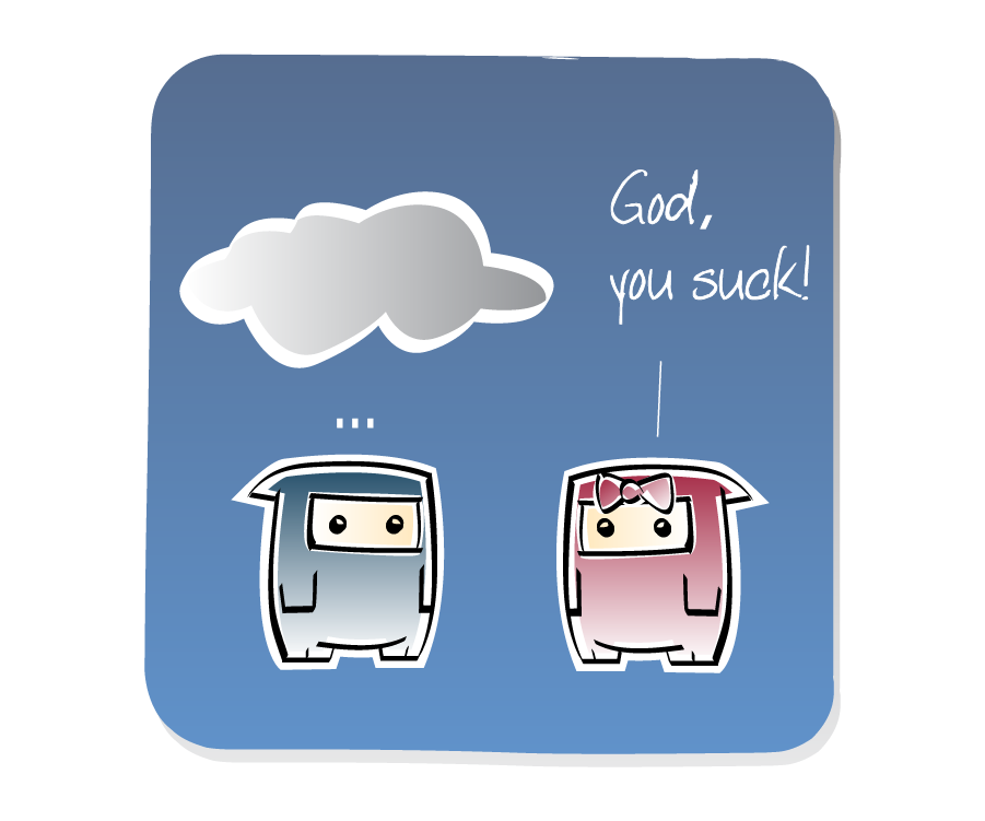 Panel 2: Ninja is standing under a small storm Cloud while Ninja Girl insults him. Ninja says: "..." Ninja Girl says: "God, you suck!"