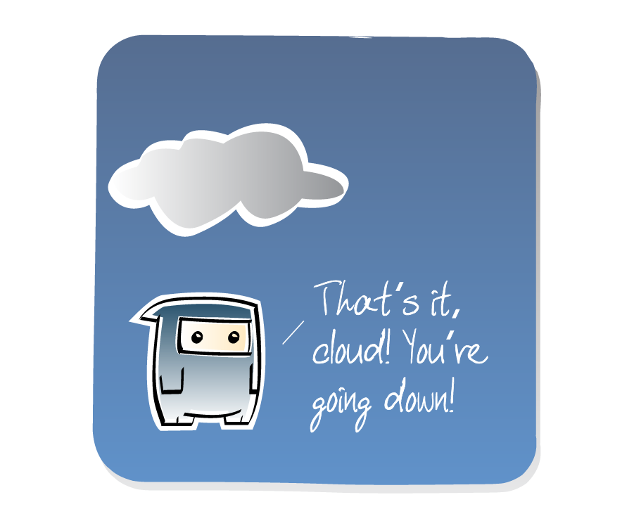 Panel 1: Ninja stands under a small storm cloud. Ninja says: "That's it, cloud! You're going down!"