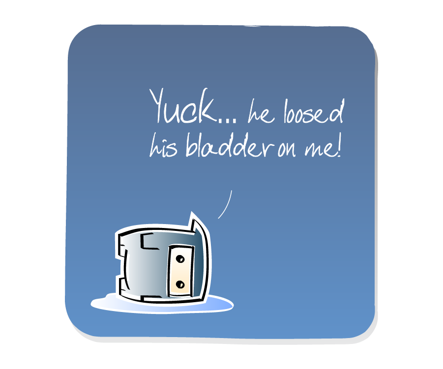 Panel 3: Ninja lies face down on the ground in a small puddle. Ninja says: "Yuck... he loosed his bladder on me!"