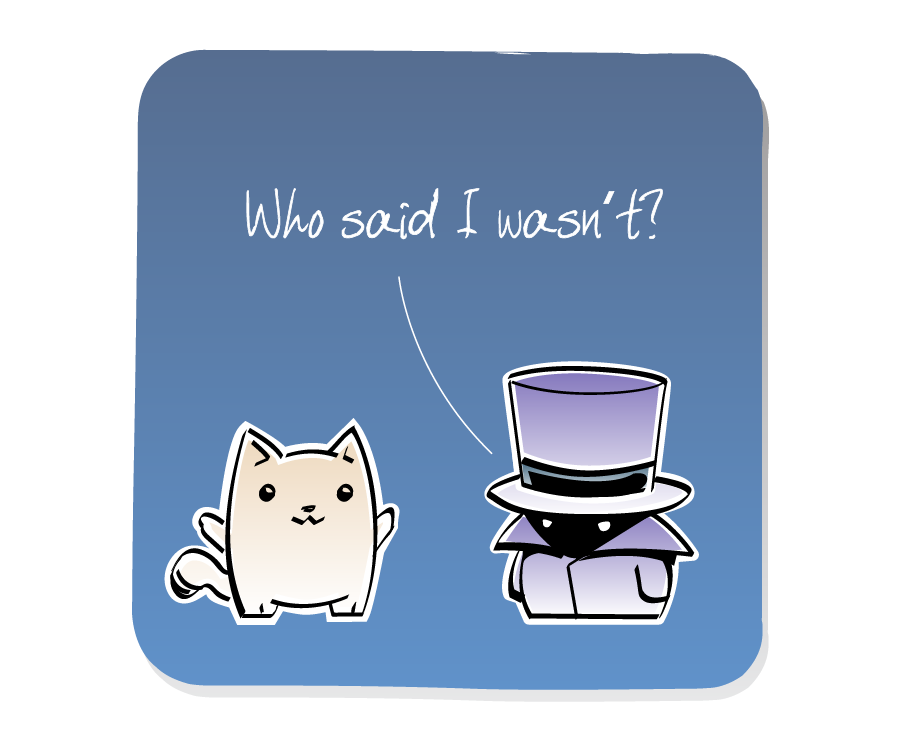 Panel 3: Cat continues to listen to the Haberdasher, who is wearing a tall purple top hat and a cloak. Haberdasher says: "Who said I wasn't?"