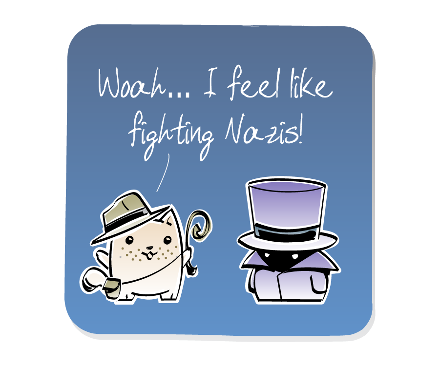 Panel 3: Cat now wears a fedora hat, satchel, stubble on its face, and holds a whip while speaking to the Haberdasher, who is wearing a tall purple top hat and a cloak. Cat says: "Woah... I feel like fighting Nazis!"