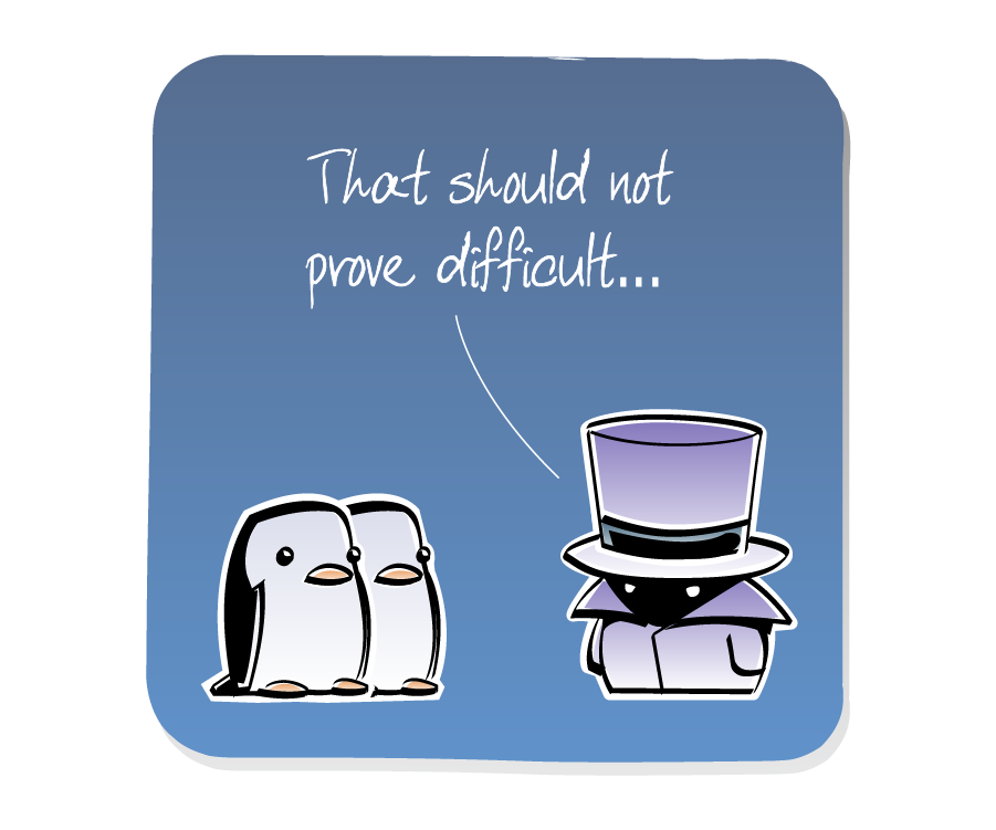 Panel 2: Haberdasher, wearing a top hat and a cloak, responds to the two Penguins. Haberdasher says: "That should not prove difficult..."