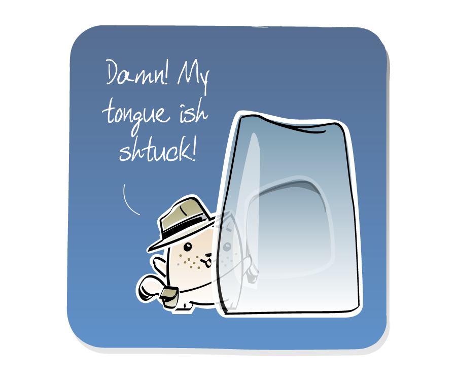 Panel 1: Cat, wearing a fedora hat, satchel and a whip, stands behind the large block of ice, speaking. Cat says: "Damn! My tongue ish shtuck!"