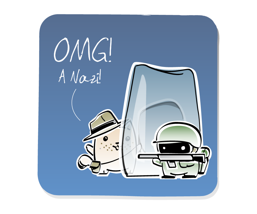 Panel 1: Cat, wearing a fedora hat, satchel and a whip, stands behind a large block of ice, spots a Soldier on the other side, who is wearing a helmet and holding a flamethrower. Cat says: "OMG! A Nazi!"