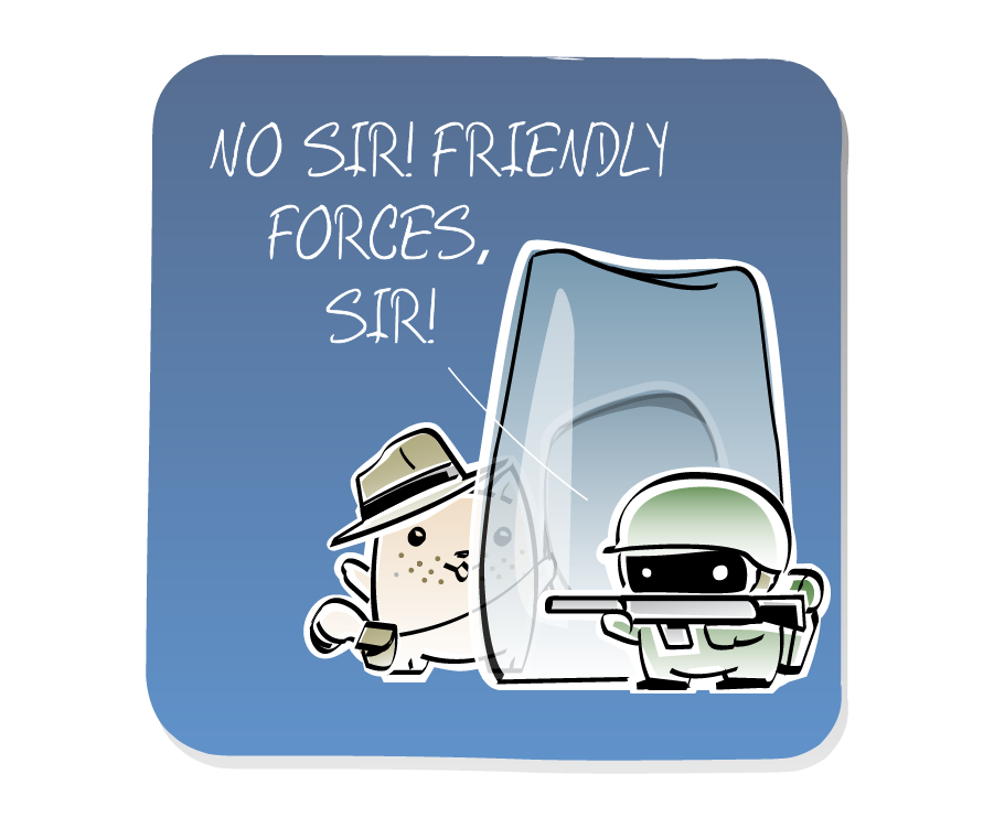 Panel 2: The Soldier, wearing a helmet and holding a flamethrower, shouts back to the Cat, who is wearing a fedora hat, satchel and a whip and standing behind the large block of ice. Soldier says: "NO SIR! FRIENDLY FORCES, SIR!"