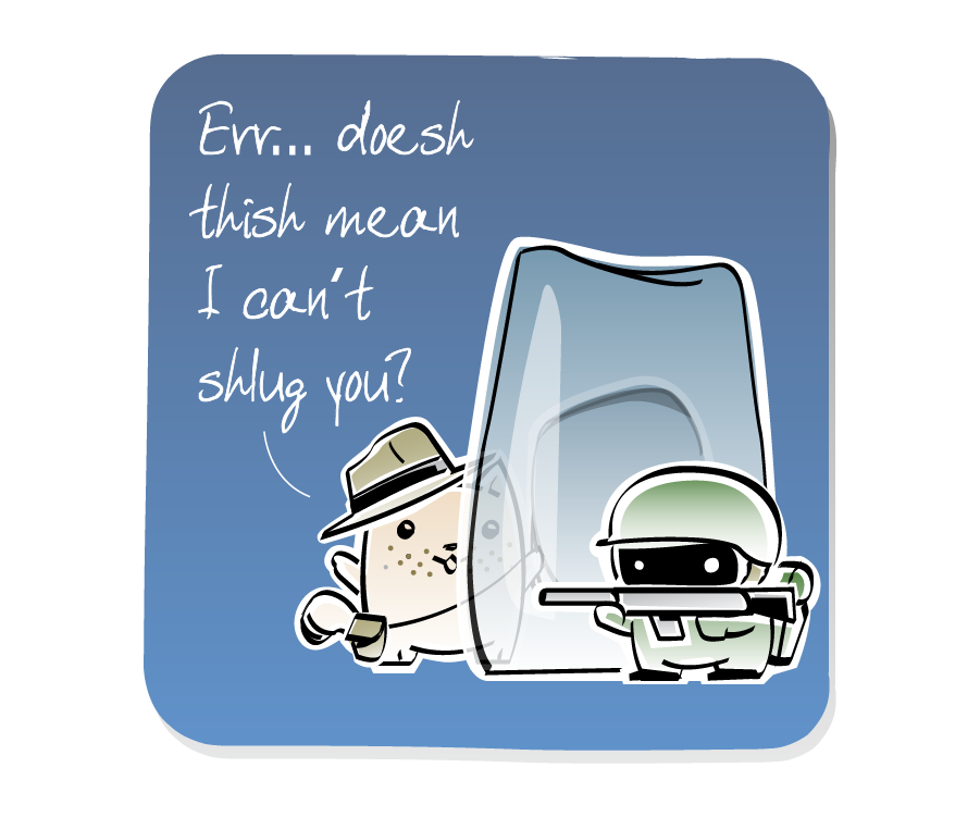 Panel 3: Cat, wearing a fedora hat, satchel and a whip, stands behind a large block of ice, responds to the Soldier on the other side, who is wearing a helmet and holding a flamethrower. Cat says: "Err... doesh thish mean I can't shlug you?"