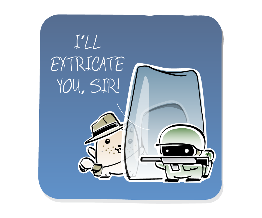 Panel 1: A Soldier, wearing a helmet and holding a flamethrower, shouts to Cat, who is wearing a fedora hat, satchel and a whip and standing behind a large block of ice. Soldier says: "I'LL EXTRICATE YOU, SIR!"