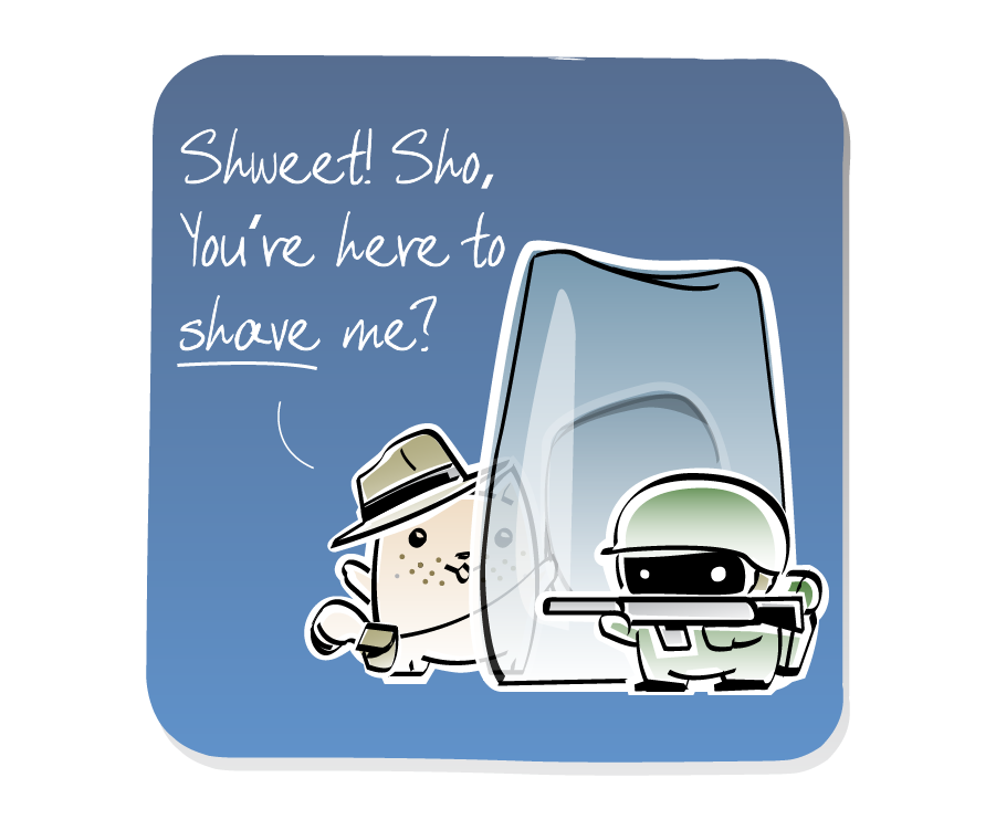 Panel 2: Cat, wearing a fedora hat, satchel and a whip, stands behind a large block of ice, responds to the Soldier on the other side, who is wearing a helmet and holding a flamethrower. Cat says: "Shweet! Sho, You're here to shave me?"