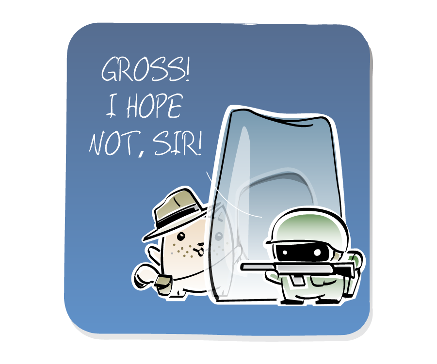 Panel 3: A Soldier, wearing a helmet and holding a flamethrower, shouts back at Cat, who is wearing a fedora hat, satchel and a whip and standing behind a large block of ice. Soldier says: "GROSS! I HOPE NOT, SIR!"