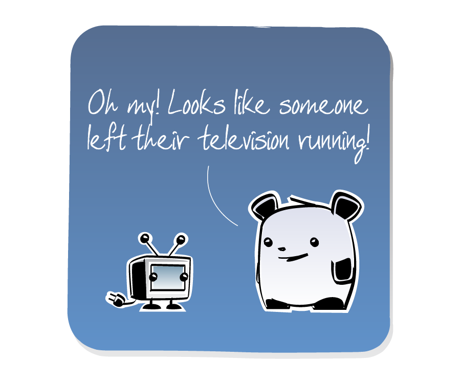 Panel 1: Panda is talking happily to a small TV. Panda says: "Oh my! Looks like someone left their television running!"