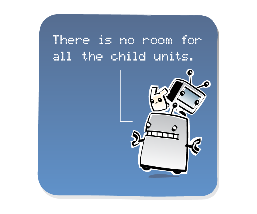 Panel 1: Robot wobbles on one wheel, trying to balance a small TV and an Eep on top of its head. Robot says: "There is no room for all the child units."