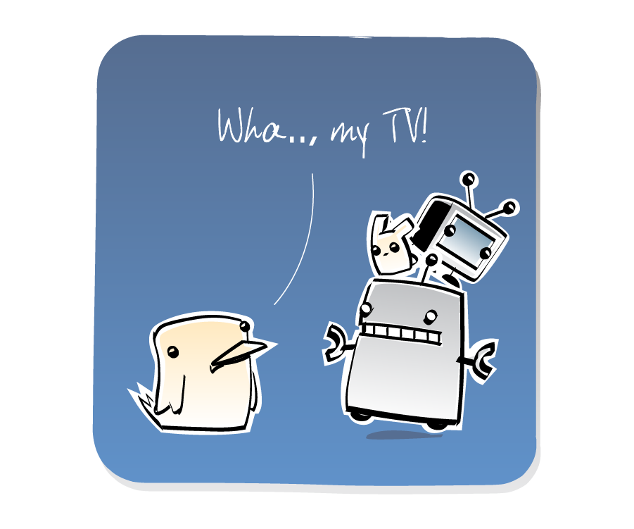 Panel 1: Bird looks at Robot, who is balancing a small TV and an Eep on top of its head. Bird says: "Wha..., my TV!"
