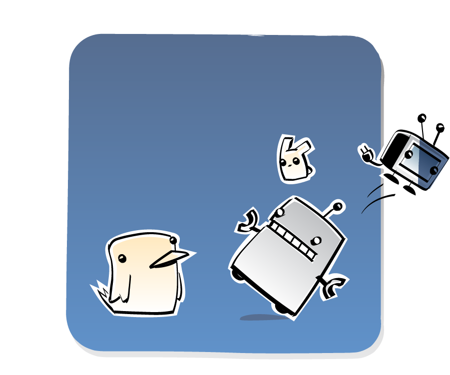 Panel 2: TV jumps off Robot's head and past the edge of the panel as Bird watches. The Eep flies up in the air.