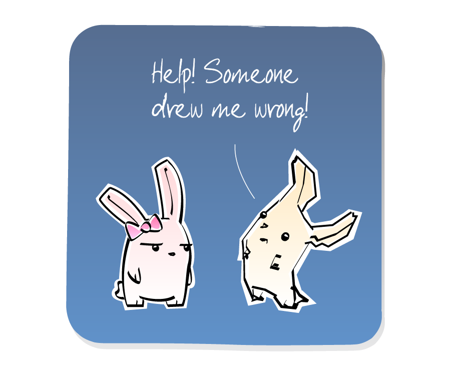Panel 2: The distorted Bunny cries out while Bunny Girl remains impassive. Bunny says: "Help! Someone drew me wrong!"