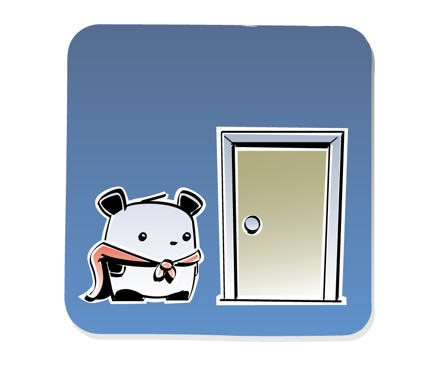 Panel 2: Panda, wearing a superhero cape, stands silently beside the closed door.