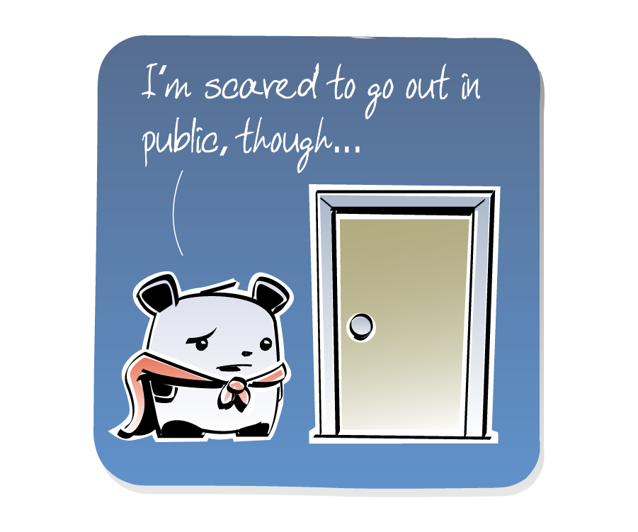 Panel 3: Panda, wearing a superhero cape, looks worried while standing near the closed door. Panda says: "I'm scared to go out in public, though..."
