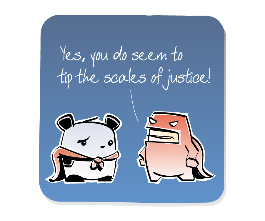 Panel 3: Panda, who is wearing a superhero cape, is insulted by SuperGuy. SuperGuy says: "Yes, you do seem to tip the scales of justice!"