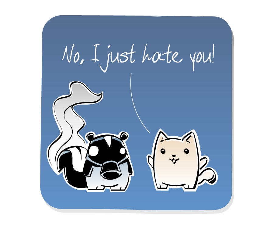 Panel 3: Cat continues to insult Skunk, who is wearing a gas mask with a pungent wave of stink rising from his tail. Cat says: "No, I just hate you!"