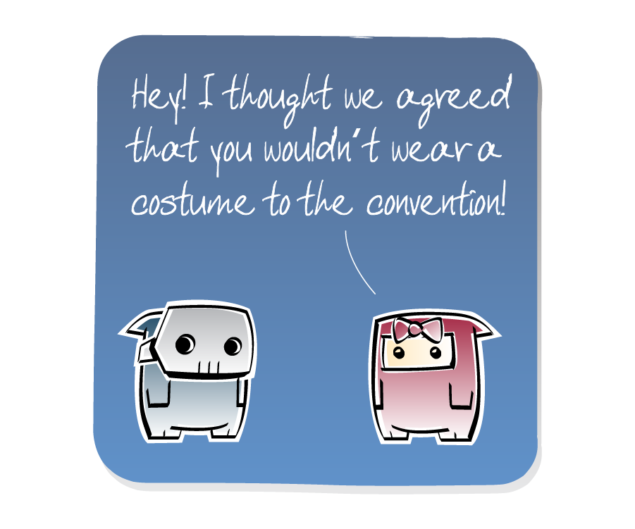 Panel 2: Psycho Killer turns to face Ninja Girl. Ninja Girl says: "Hey! I thought we agreed that you wouldn't wear a costume to the convention!"