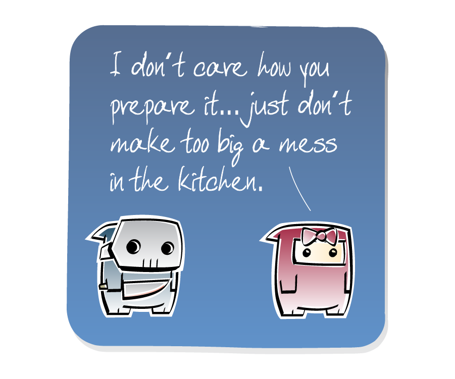 Panel 3: Ninja Girl turns to leave while Psycho Killer stands holding his knife. Ninja Girl says: "I don't care how you prepare it... just don't make too big a mess in the kitchen."