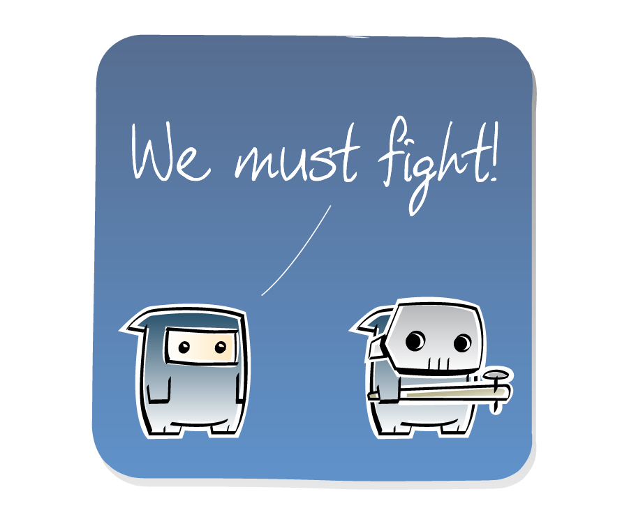 Panel 1: Ninja approaches Psycho Killer from behind, who holds a stick with a nail in it. Ninja says: "We must fight!"
