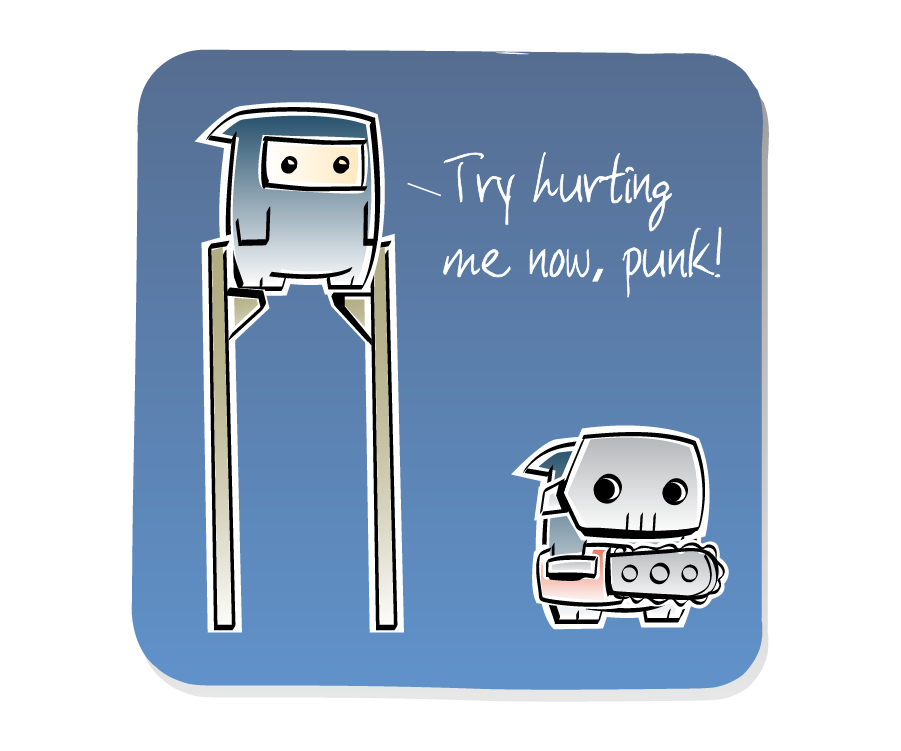 Panel 1: Ninja stands on tall wooden stilts high above Psycho Killer, who is holding a chainsaw. Ninja says: "Try hurting me now, punk!"