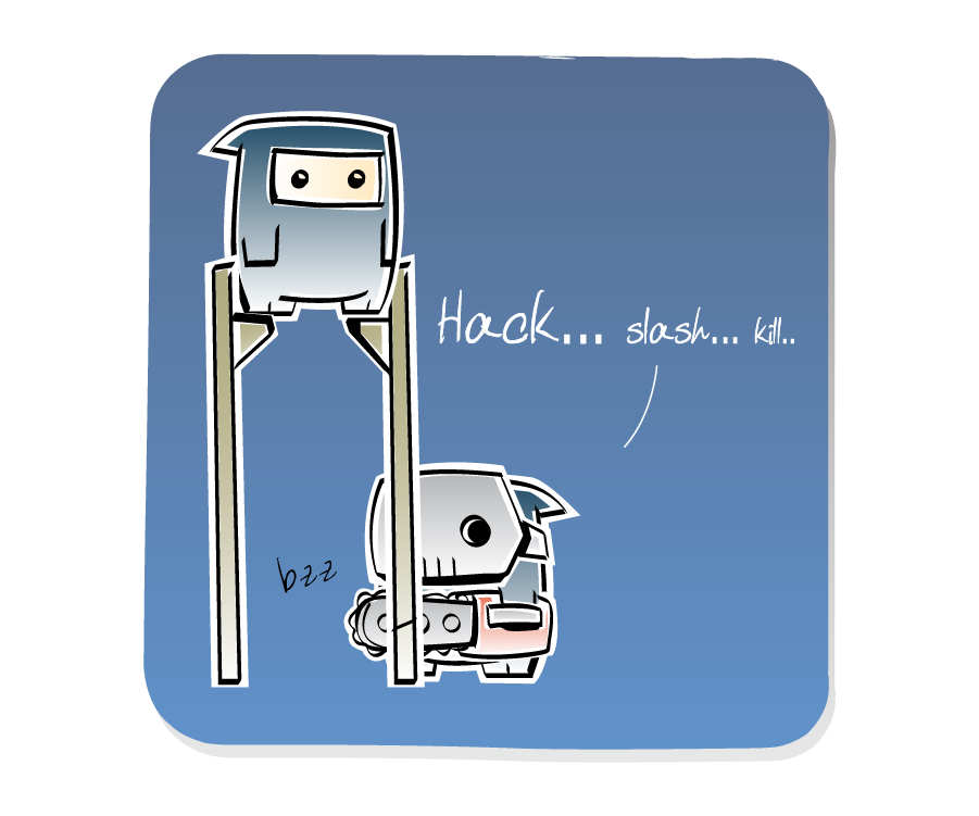 Panel 2: Ninja stands on tall wooden stilts high above Psycho Killer, who saws through one of the stilts using a chainsaw. Sound effects: bzz. Psycho Killer says: "Hack... slash... kill.."