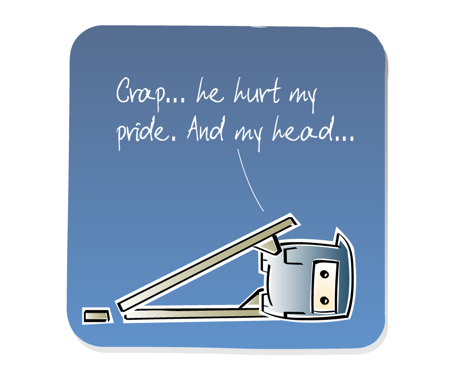 Panel 3: Ninja lies face down on the ground amidst his collapsed, sawed-off stilts. Ninja says: "Crap... he hurt my pride. And my head..."